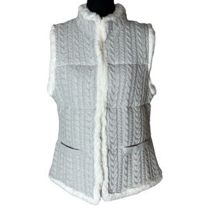 TALBOTS New Faux Fur Trim Metallic Cable Knit Vest Quilted Tinsel Thread Medium